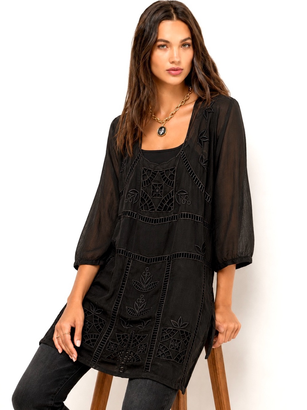 Johnny Was Black Cutwork Embroidered Tunic Top